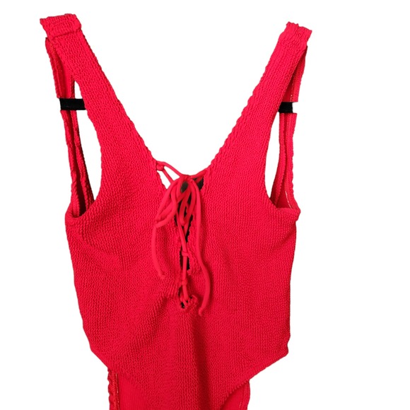 Bound By Bond-Eye Mara‎ Ribbed Eco 1-Piece Bathing Swimsuit Lace Up One Size Red - Picture 4 of 12